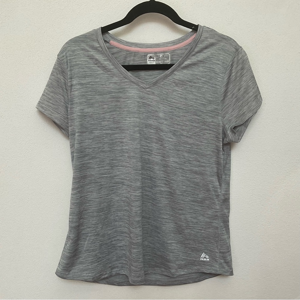 RBX Light Heather Grey V-Neck Workout Short Sleeve Shirt Size Large Gym Athlete